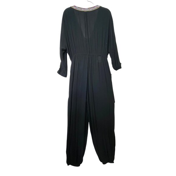 BCBG Black Embroidered Jumpsuit Large Boho Hippie Casual Gypsy Sexy Coastal Cute - Picture 2 of 7